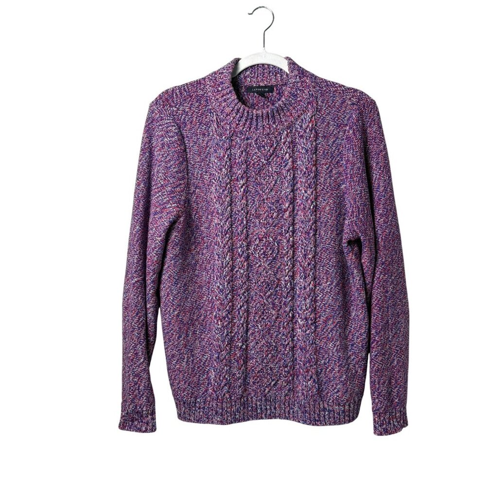 Lands End Fisherman Cable Knit Sweater Womens Size L 14 16 Red White Blue Mock